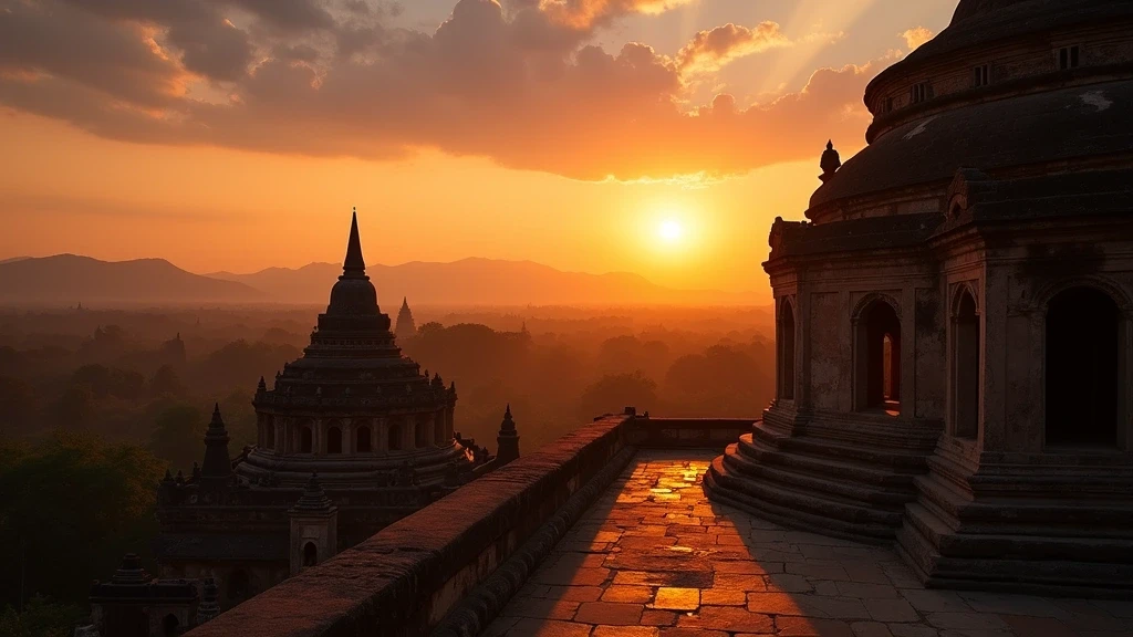 Sonnenuntergang ueber dem Shittaung-Pagoden-Komplex in Mrauk U, Myanmar