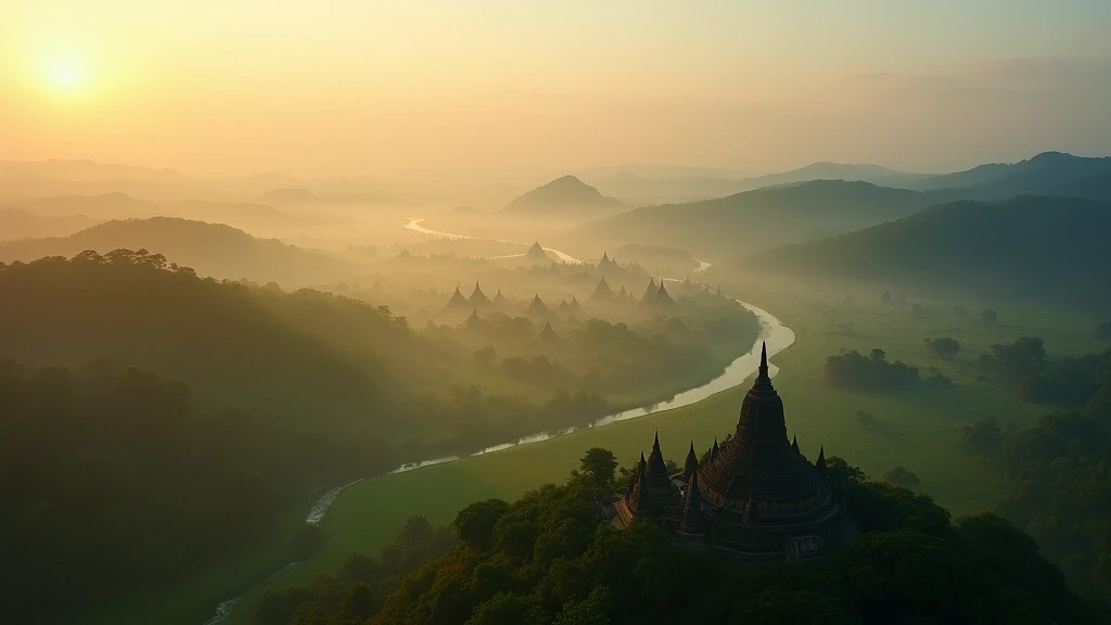 Luftaufnahme der antiken Tempelruinen von Mrauk U in Myanmar zur goldenen Stunde