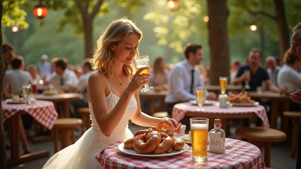 Elegante Frau genießt Weisswurst-Frühstück im Münchner Biergarten