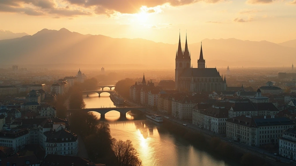 Luftaufnahme des Münchener Stadtbilds mit Frauenkirche und Isar zur goldenen Stunde