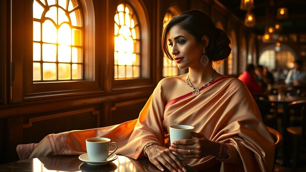 Elegante Frau in Seidensari geniesst Chai in Mumbaier Cafe zur goldenen Stunde