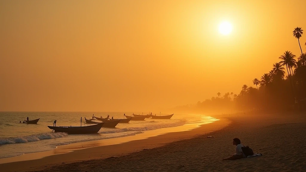 Goldene Stunde am Juhu Strand in Mumbai mit Fischerbooten und Palmen