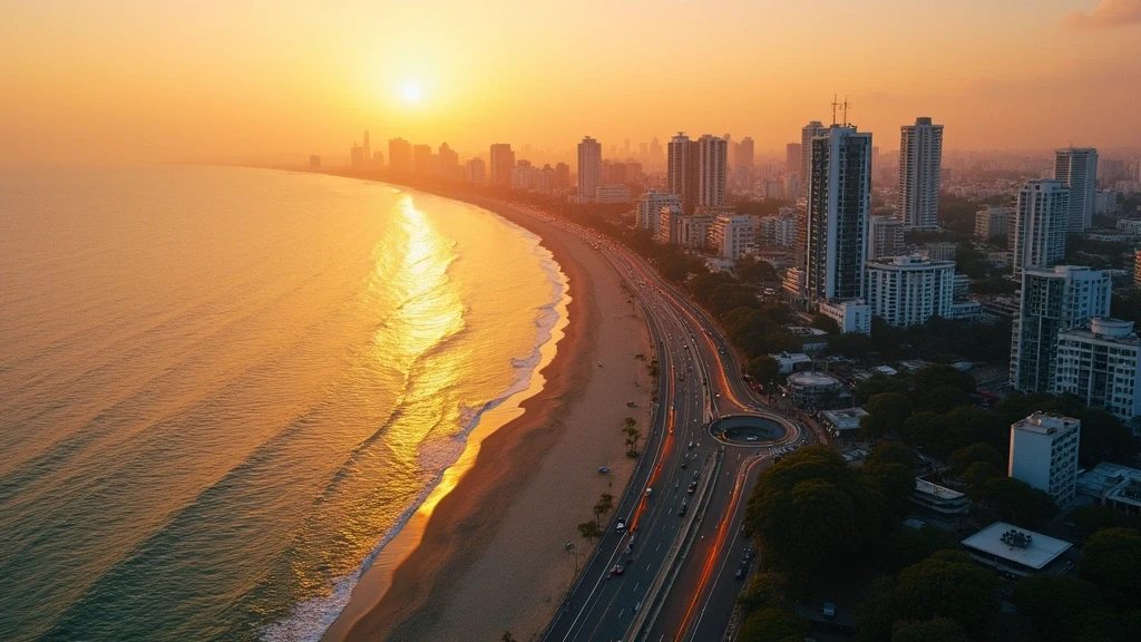 Luftaufnahme der Marine Drive in Mumbai zur goldenen Stunde mit Skyline und Arabischem Meer