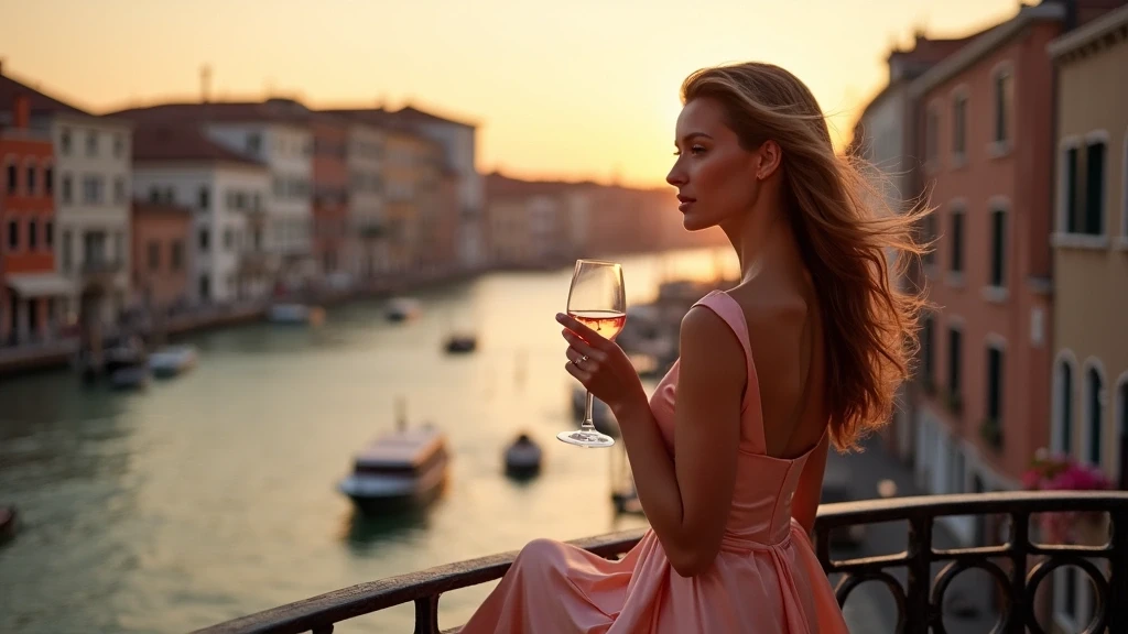 Elegante Frau auf privater Terrasse in Murano mit Aperitivo und Kanallblick bei Sonnenuntergang