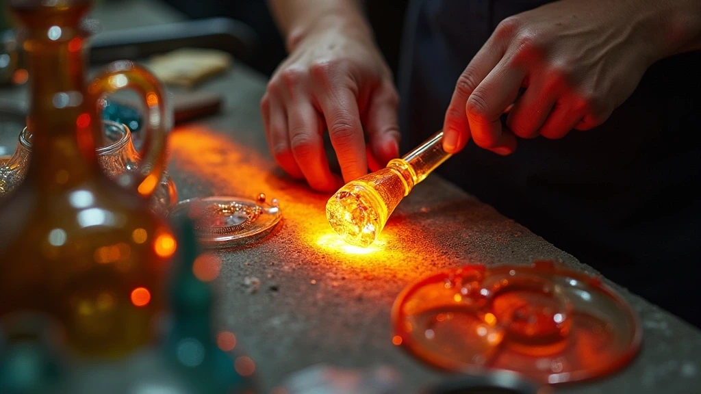 Nahaufnahme von Murano-Glaskunst in einer traditionellen Werkstatt mit Handwerkerhaenden