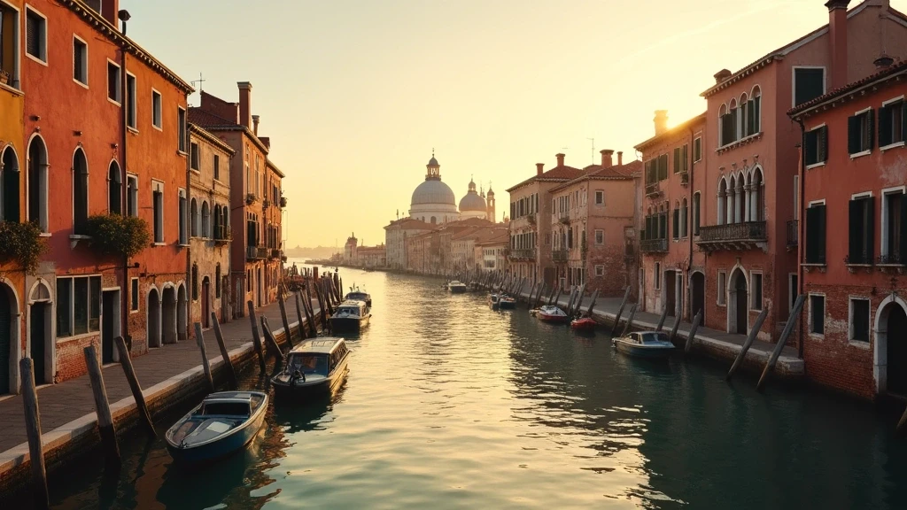 Goldene Stunde an den ruhigen Kanaelen von Murano mit Spiegelungen historischer Gebaeude