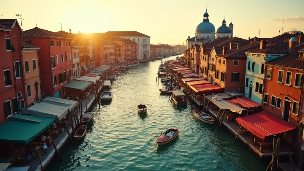 Luftaufnahme der venezianischen Lagune mit Glaswerkstaetten in Murano zur goldenen Stunde
