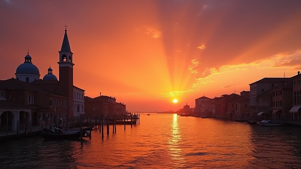 Sonnenuntergang ueber der venezianischen Lagune mit Glasoeffen-Silhouetten in Murano
