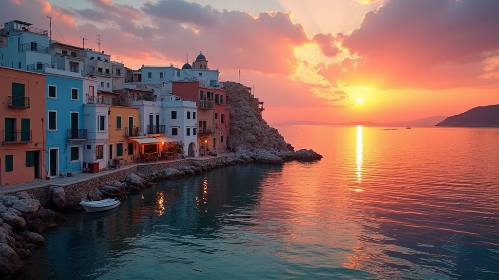 Sonnenuntergang über Little Venice in Mykonos mit bunten Balkonen und ruhigem Meer