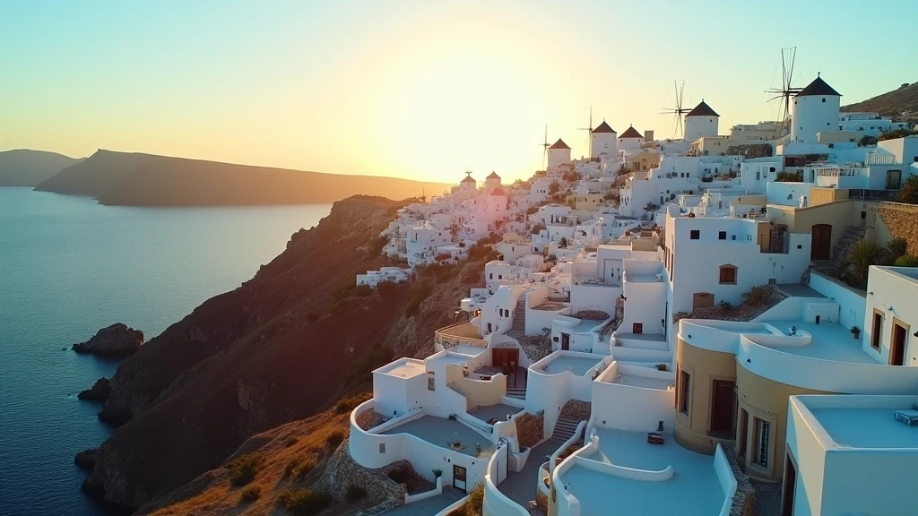 Luftaufnahme von Mykonos mit weißen Häusern und Windmühlen zur goldenen Stunde in Griechenland