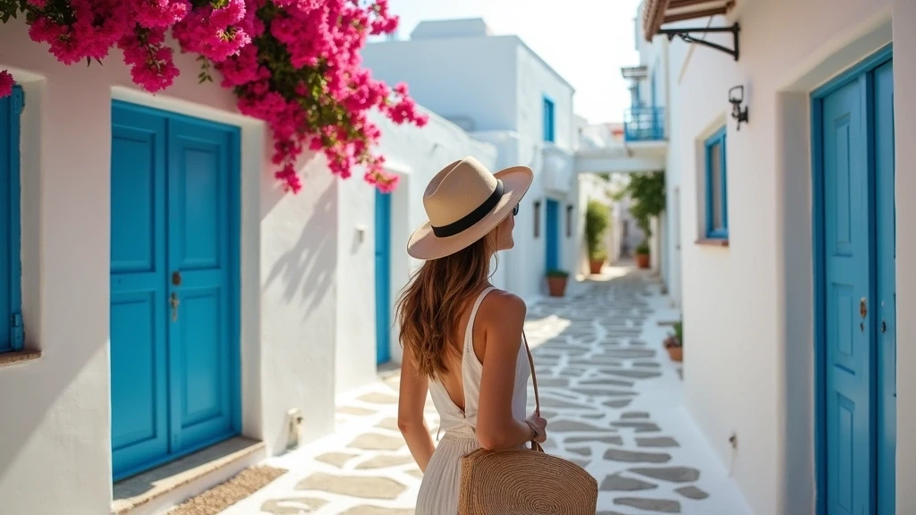 Modische Reisende in den weißen Gassen von Mykonos mit Bougainvillea und blauen Türen