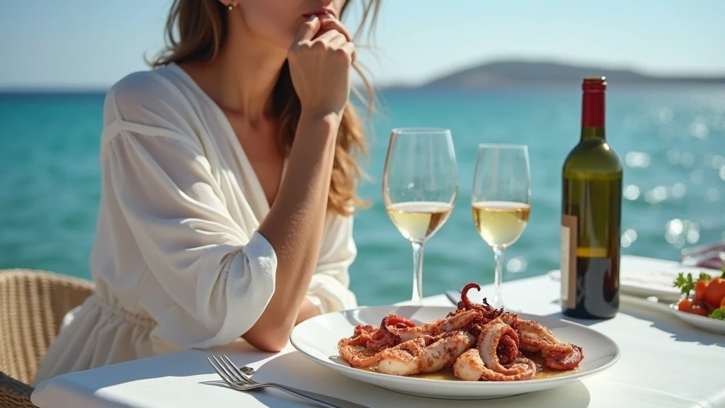 Elegante Frau genießt Meeresfrüchte in einer Taverne am Meer in Mykonos, Griechenland