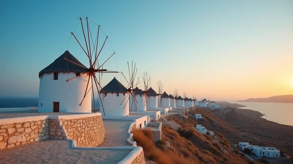 Panoramablick auf die Windmühlen von Mykonos zur goldenen Stunde in Griechenland