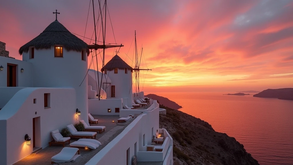 Sonnenuntergang über den Windmühlen von Mykonos-Stadt mit dramatischem Himmel in Griechenland