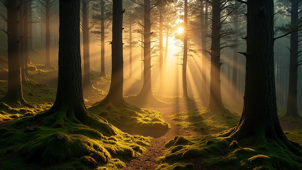 Goldene Stunde im alten Culbin Wald in Nairn mit Lichtstrahlen durch Kiefern