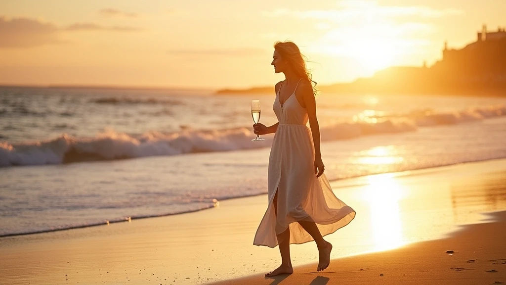 Elegante Frau barfuss am Nairn West Beach bei Sonnenuntergang mit Champagner