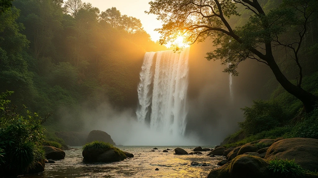 Wasserfall im Karura Forest bei goldener Stunde mit Sonnenstrahlen durch das Blätterdach