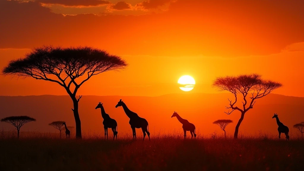 Panorama des Nairobi Nationalparks bei Sonnenuntergang mit Giraffen-Silhouetten