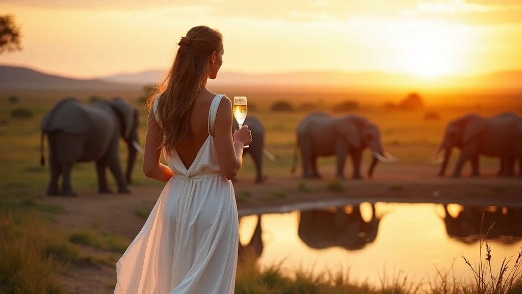 Elegante Frau im weissen Kleid beobachtet Elefanten an einer Wasserstelle in Nairobi