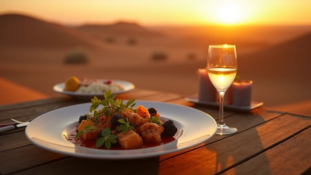 Gourmet-Essen mit lokaler namibischer Kueche auf rustikalem Holztisch in der Namib-Wueste bei Sonnenuntergang