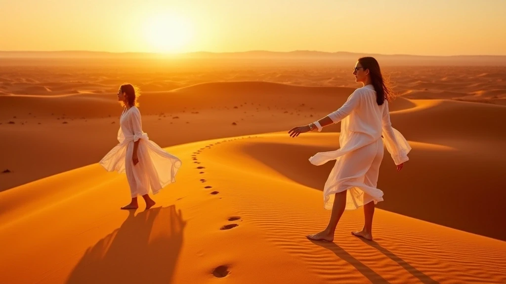 Elegante Frau in weissem Leinenkleid laeuft barfuss ueber rote Sandduenen in der Namib-Wueste bei Sonnenuntergang