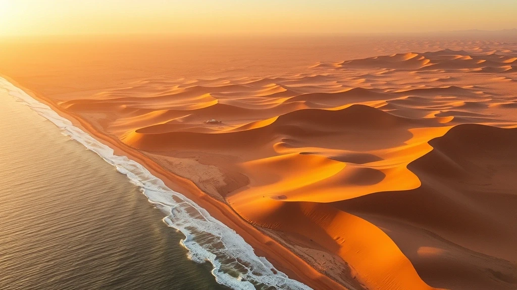 Luftaufnahme der roten Sandduenen der Namib-Wueste, die auf den Atlantik treffen, zur goldenen Stunde