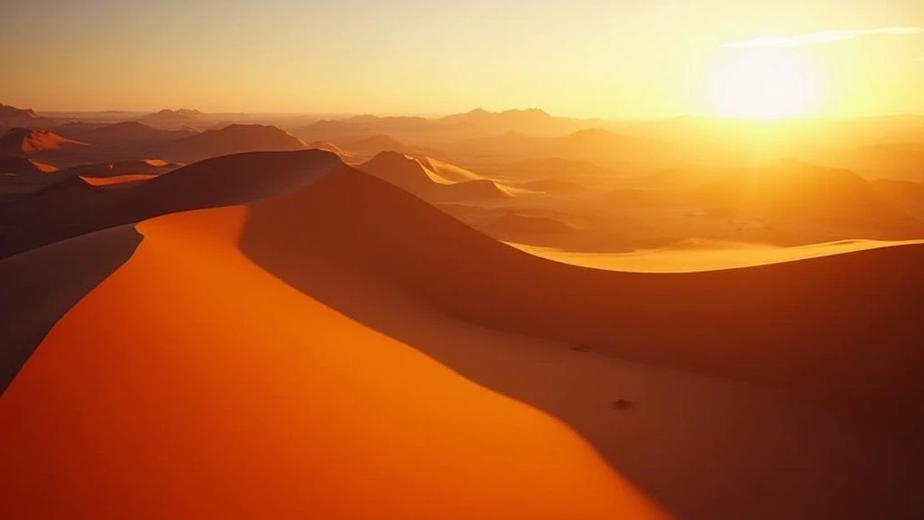 Panoramablick auf die roten Sandduenen von Sossusvlei in der Namib-Wueste bei Sonnenaufgang