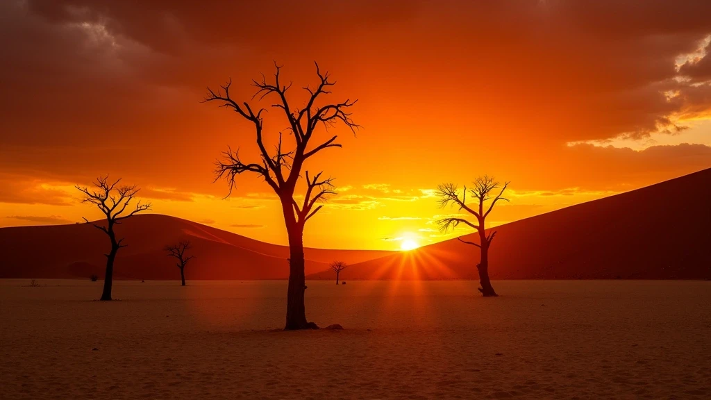 Sonnenuntergang ueber Deadvlei in der Namib-Wueste mit skelettierten Baeumen und roten Duenen