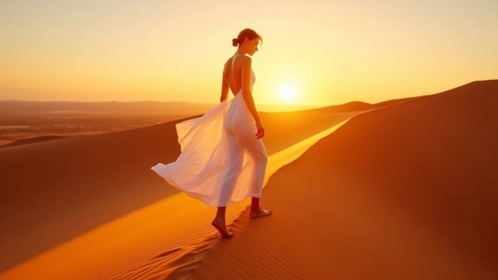Elegante Frau in weissem Leinenkleid auf Sanddüne bei Sonnenuntergang in Namib Wüste