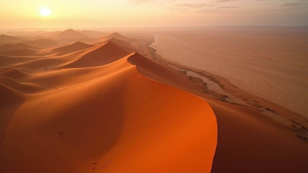 Luftaufnahme der Namib Wüste mit roten Sanddünen und Atlantikküste zur goldenen Stunde
