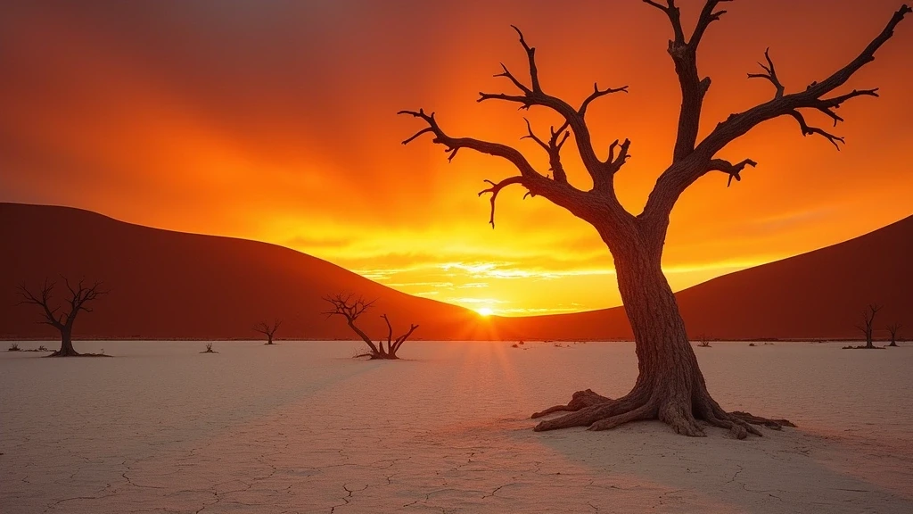 Sonnenuntergang über Deadvlei mit skelettierten Kameldornbäumen in der Namib Wüste