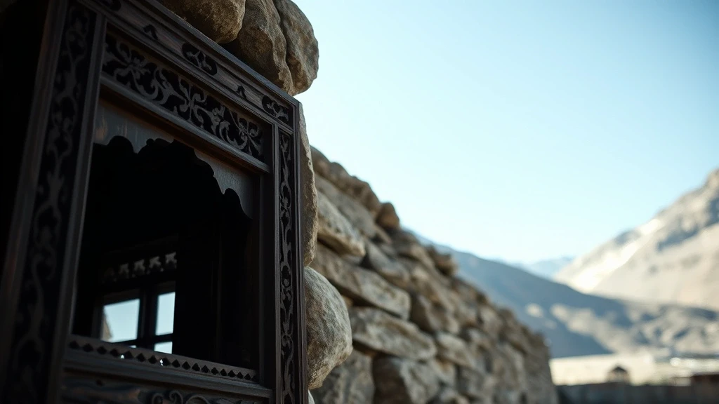 Traditionelle Holzschnitzerei an Fensterrahmen in Gilgit-Baltistan Haus, Nanga Parbat Region