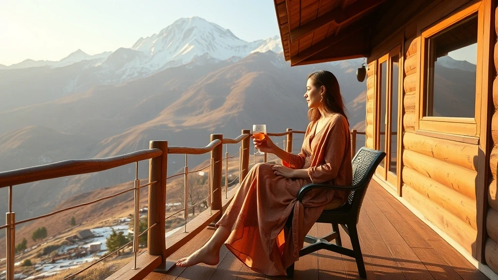 Elegante Reisende geniesst traditionellen Kaschmir-Tee mit Blick auf Nanga Parbat, Pakistan