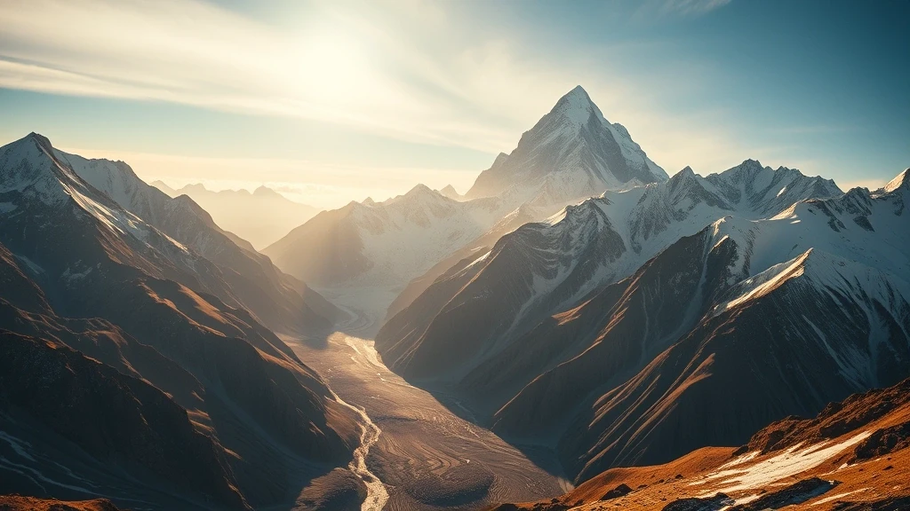 Dramatische Luftaufnahme des Nanga Parbat Gipfels mit Gletschern zur goldenen Stunde in Pakistan
