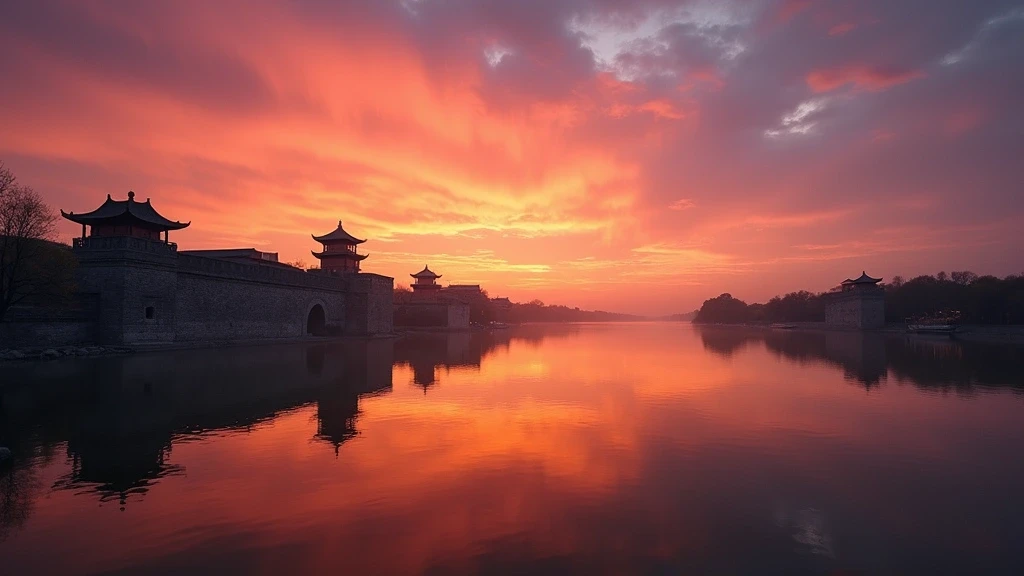 Sonnenuntergang am Xuanwu-See mit antiker Stadtmauer in Nanjing