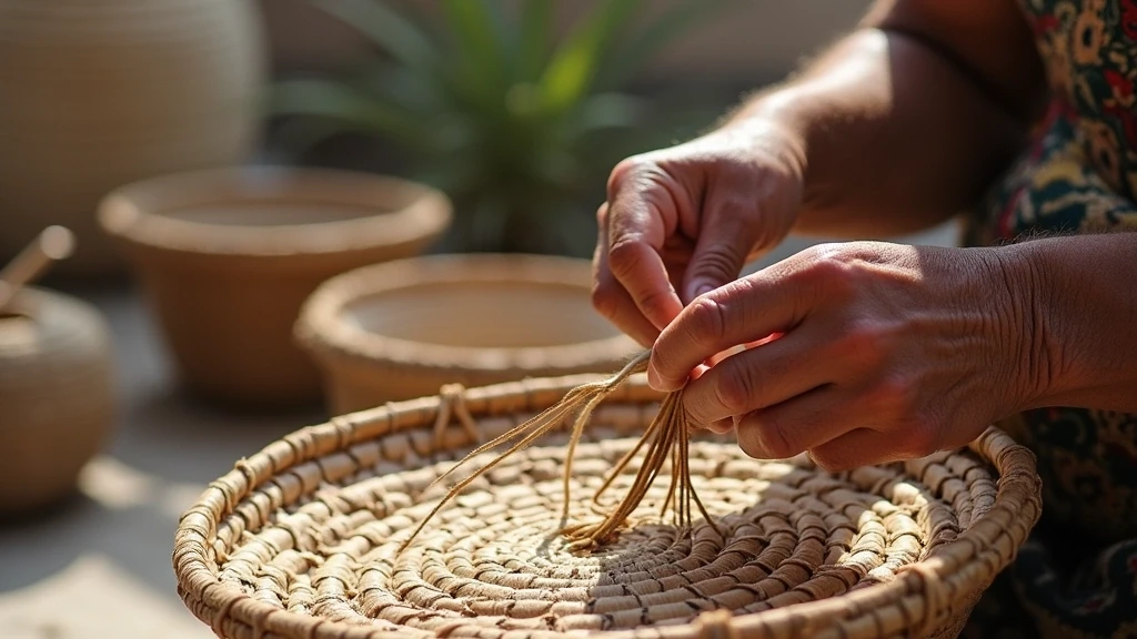 Lokaler Handwerker flechtet traditionelle Koerbe in einem Hof in Naoussa