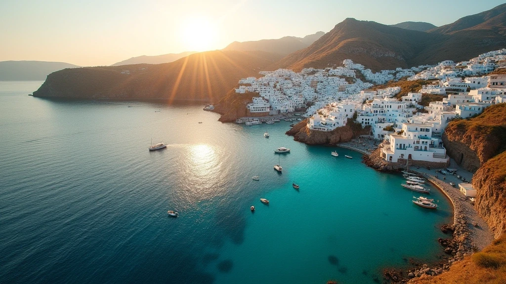 Luftaufnahme von Naoussa auf Paros mit tuerkisen Buchten und weissen Haeusern zur goldenen Stunde