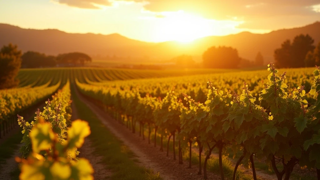 Goldene Stunde im Napa Valley mit sonnenbeschienenen Weinreben und langen Schatten
