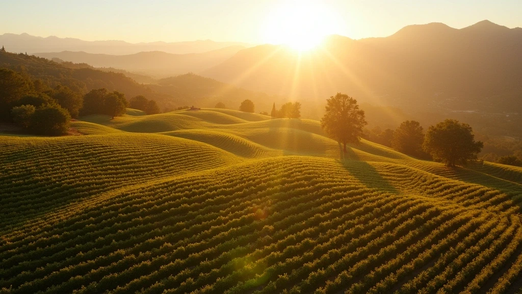 Luftaufnahme der endlosen Weinberge im Napa Valley zur goldenen Stunde mit dramatischen Schatten