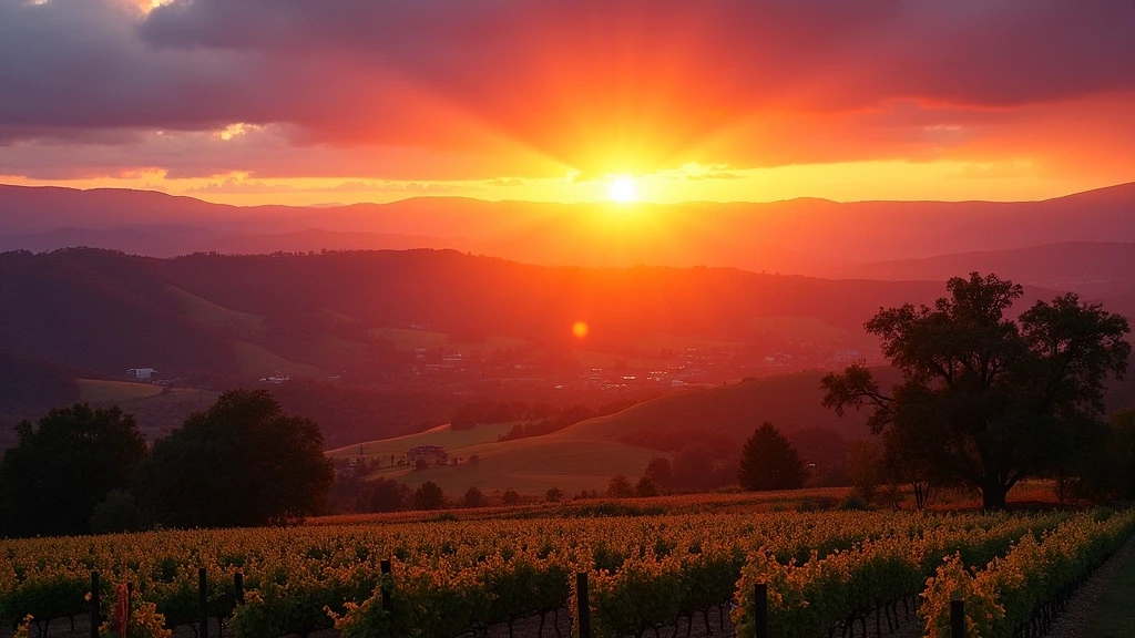 Dramatischer Sonnenuntergang ueber den Weinbergen im Napa Valley mit violettem Himmel