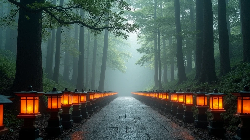 Panoramaansicht der Kasuga-taisha Schrein Steinlaternen im Morgennebel von Nara, Japan