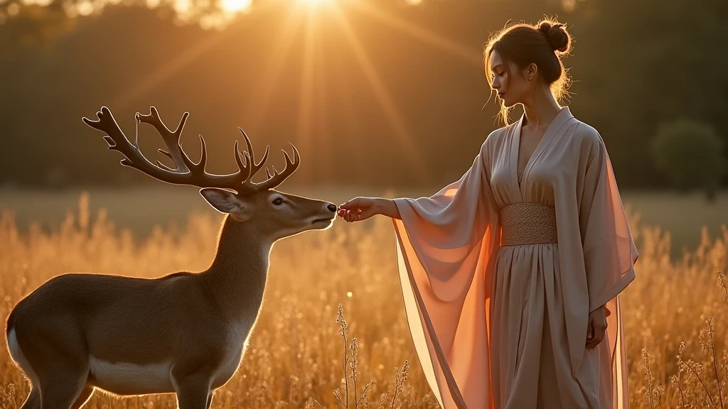 Elegante Frau im Kimono fuehrt heilige Hirsche im Nara Park zur goldenen Stunde in Japan