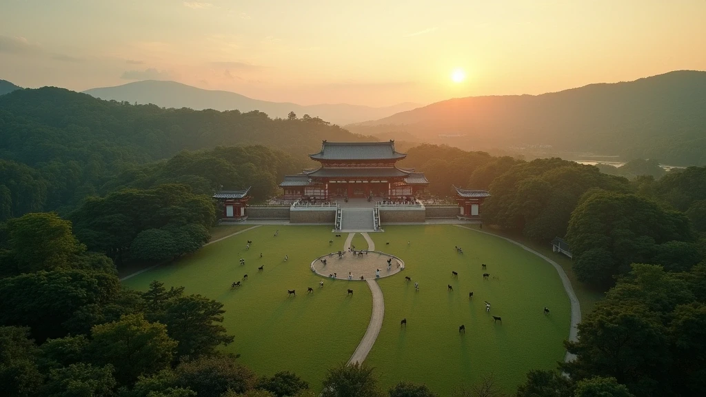 Luftaufnahme des antiken Todai-ji Tempels und Nara Parks mit heiligen Hirschen zur goldenen Stunde in Nara, Japan