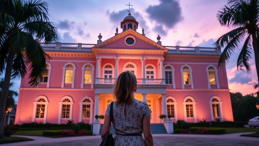 Stylische Reisende bewundert koloniale Architektur des Government House in Nassau bei Daemmerung
