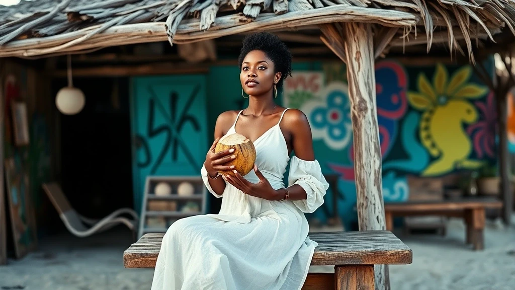 Elegante Frau in weissem Leinenkleid geniesst frische Kokosnuss am Junkanoo Beach in Nassau