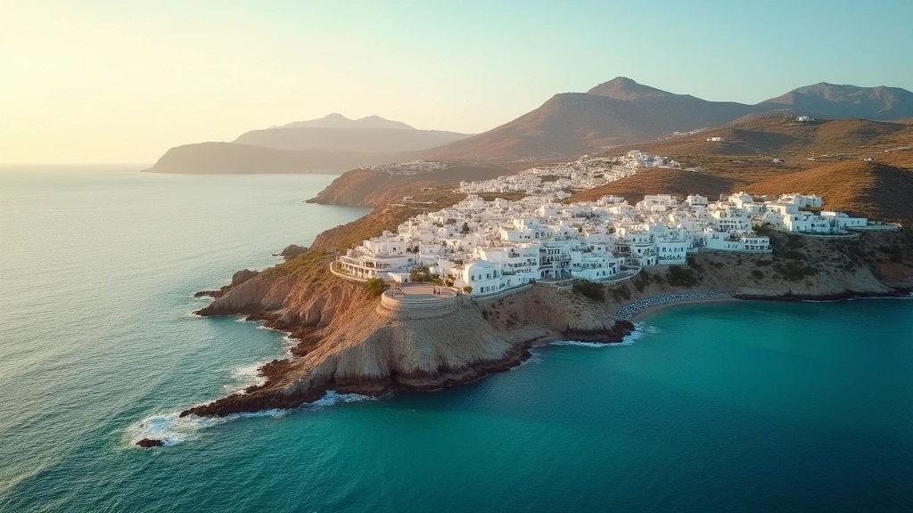Luftaufnahme der Portara und der Kueste von Naxos zur goldenen Stunde in Griechenland
