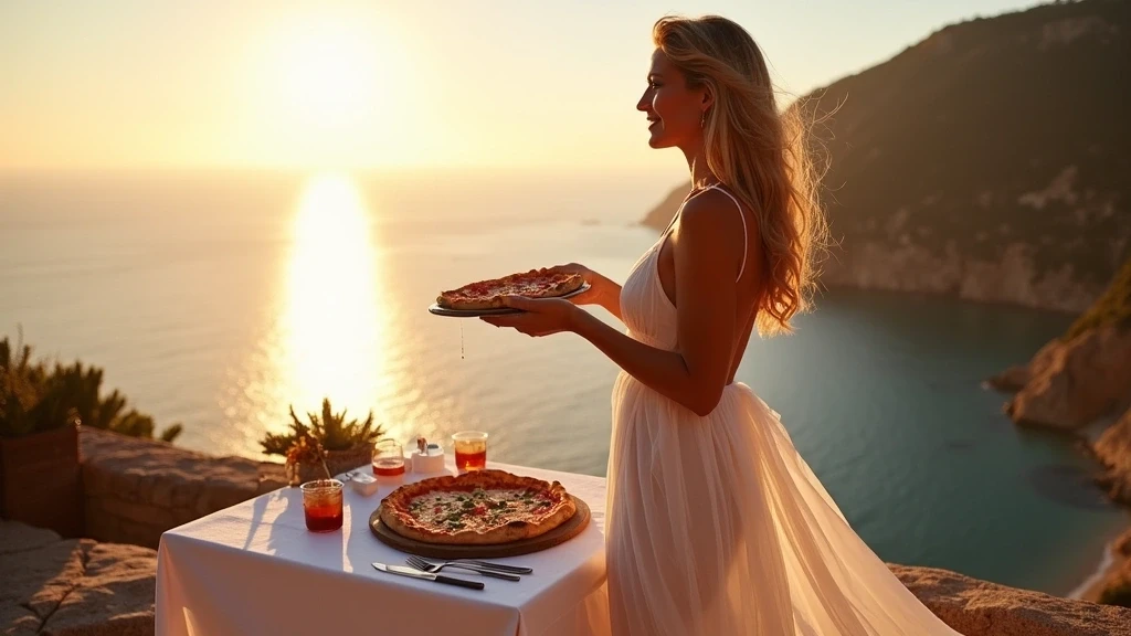 Elegante Frau geniesst Pizza mit Meerblick in Neapel, Italien