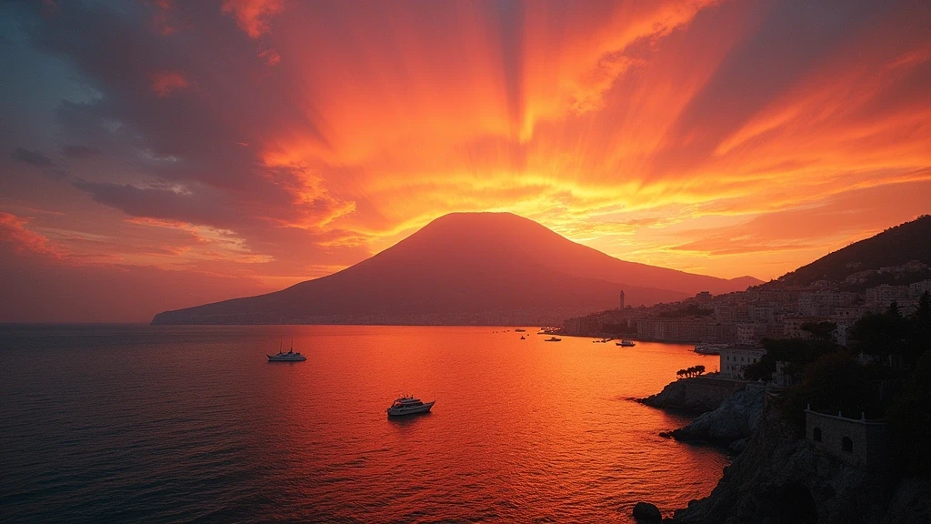 Sonnenuntergang ueber der Bucht von Neapel mit Vesuv-Silhouette in Italien