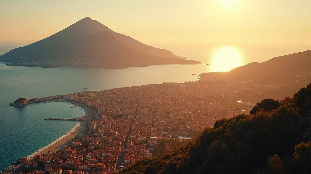Luftaufnahme des Vesuvs und der Bucht von Neapel zur goldenen Stunde in Italien