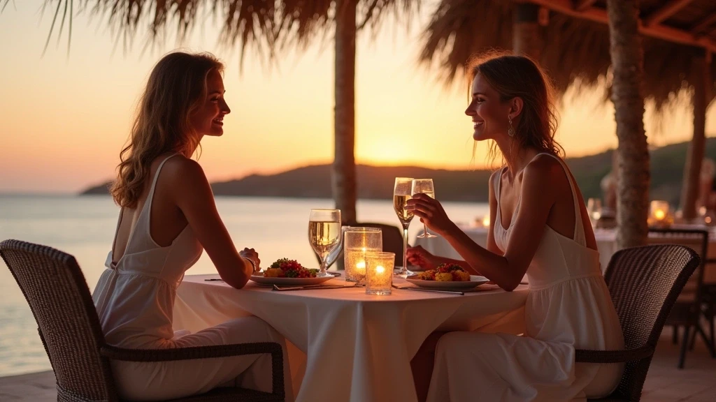 Elegantes Abendessen auf Necker Island, Großbritannien (Privatinsel) mit Modell in weissem Kleid bei Sonnenuntergang